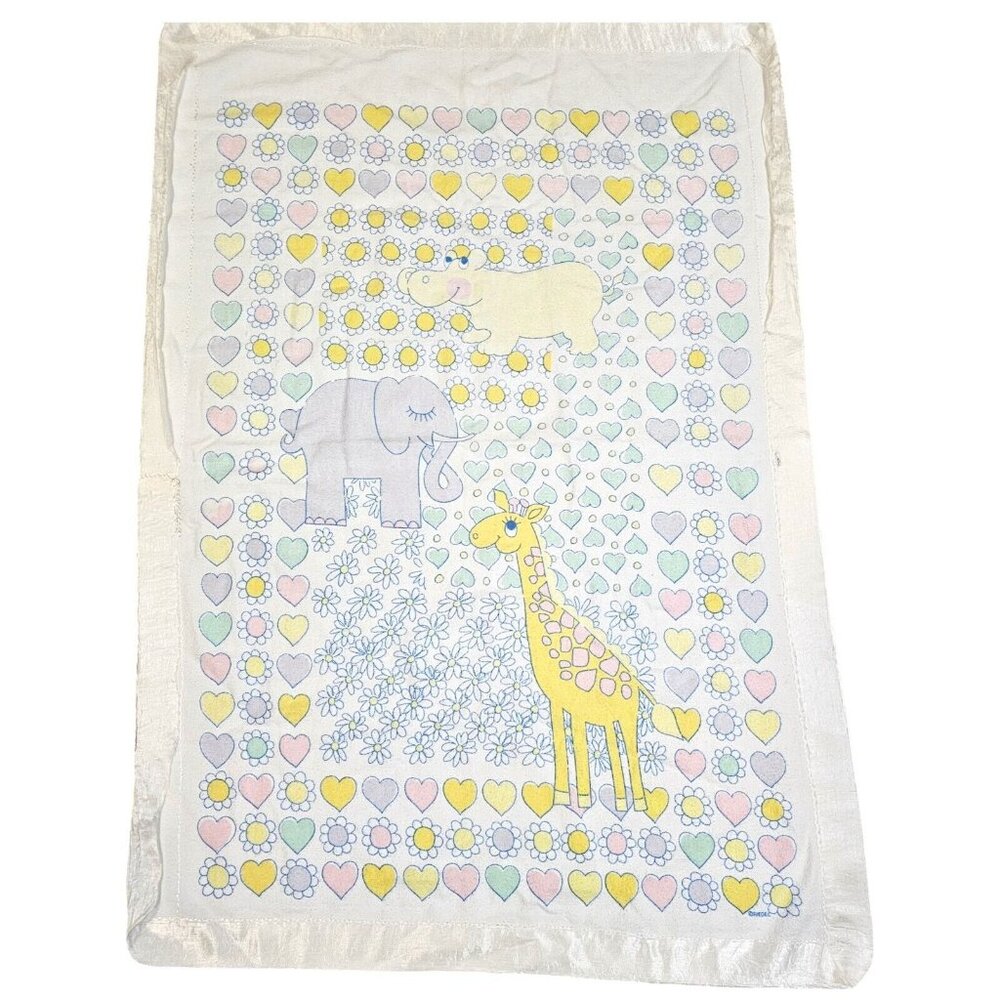 Vintage Riegel White Satin Trim Baby Blanket Giraffe Elephant‎ Hearts LOOSE TRIM
